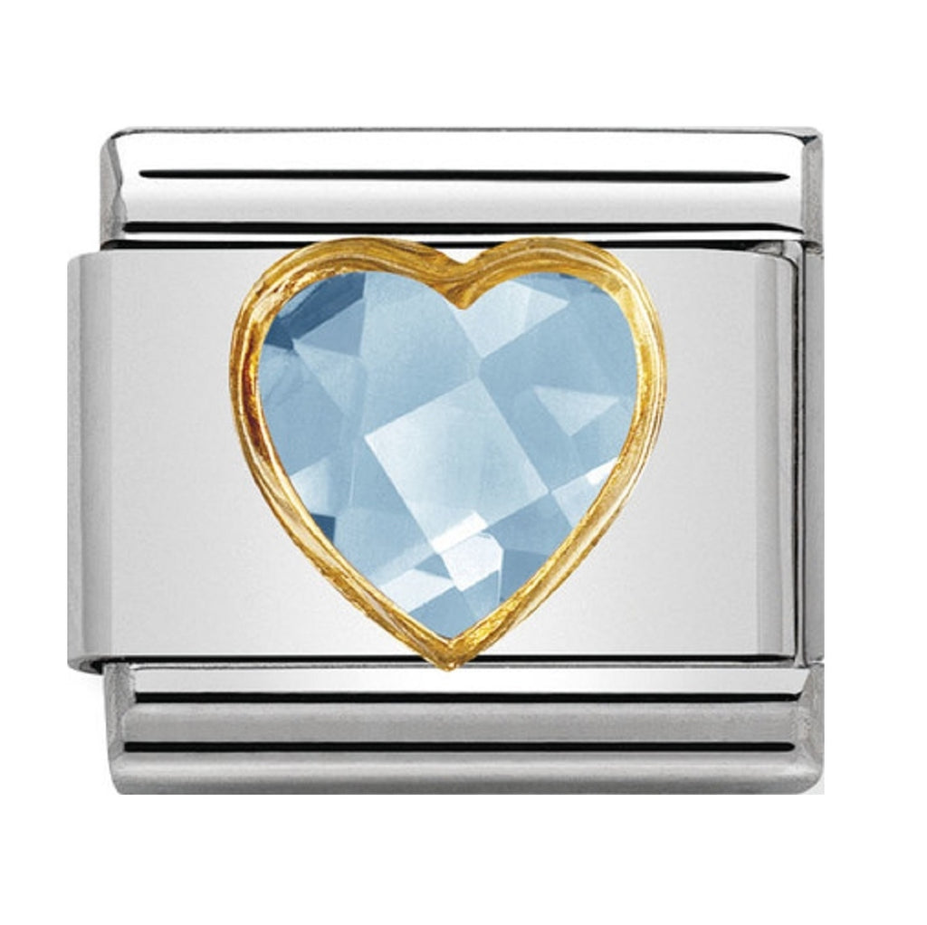 Nomination Link 18ct Gold Multifaceted CZ Heart Light Blue