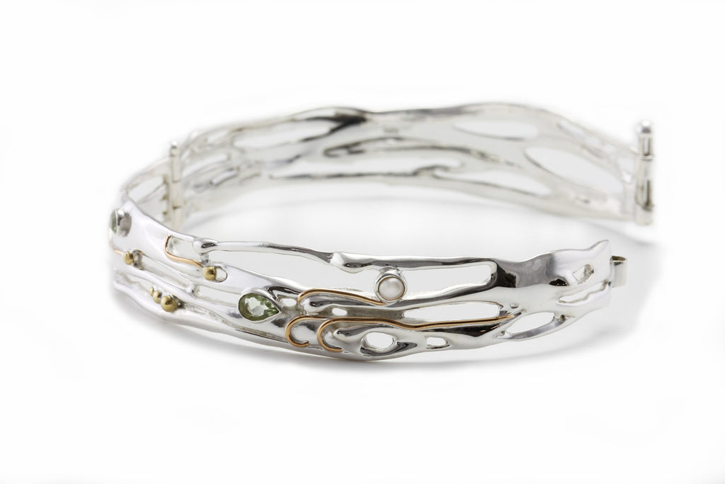 Banyan Hinged Bangle Set With Green Amethyst, Pearl and Gold Filled Detail the secret garden UK