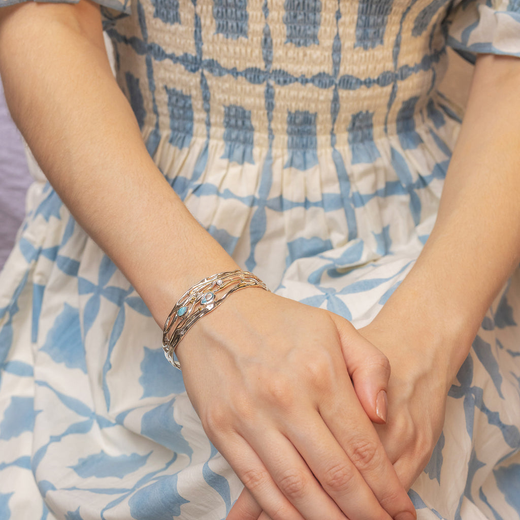 Banyan Larimar, Blue Topaz and Freshwater Pearl Statement Bracelet the secret garden UK