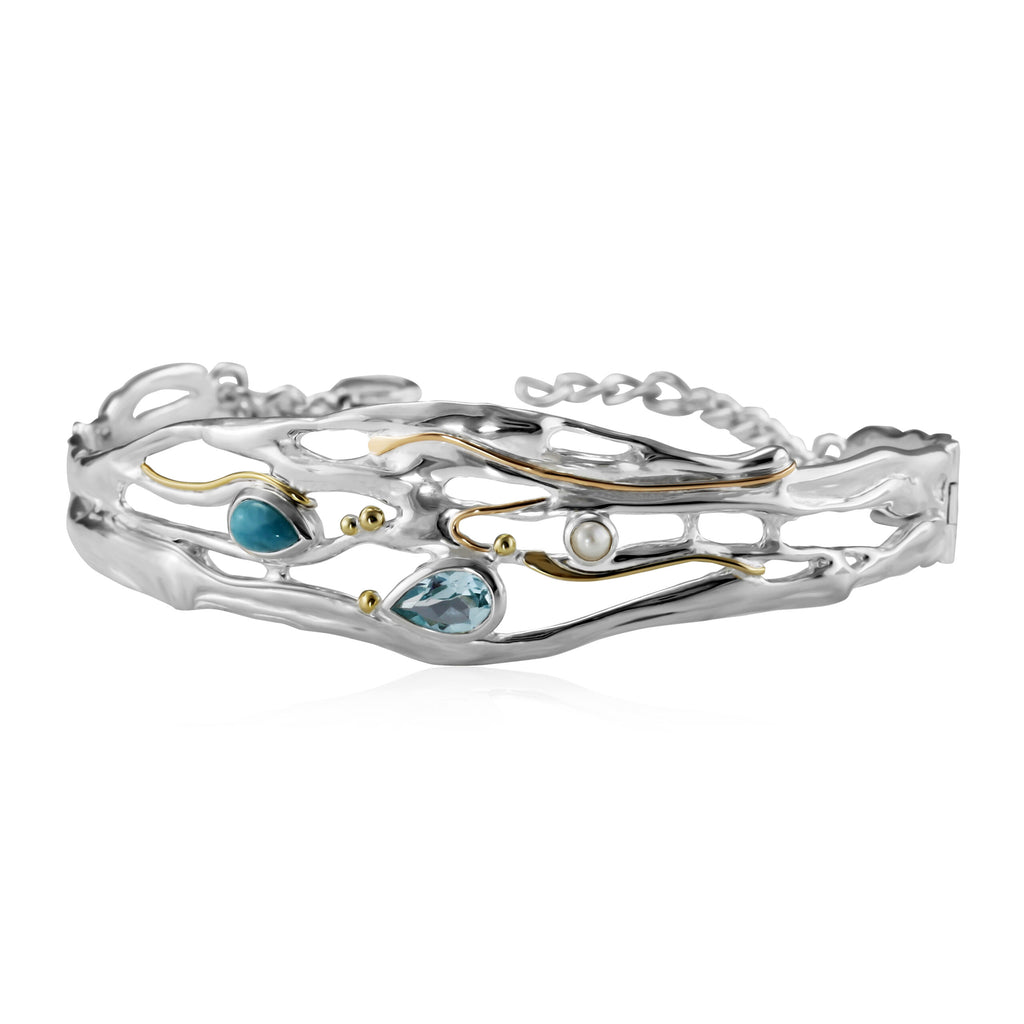 Banyan Larimar, Blue Topaz and Freshwater Pearl Statement Bracelet the secret garden UK