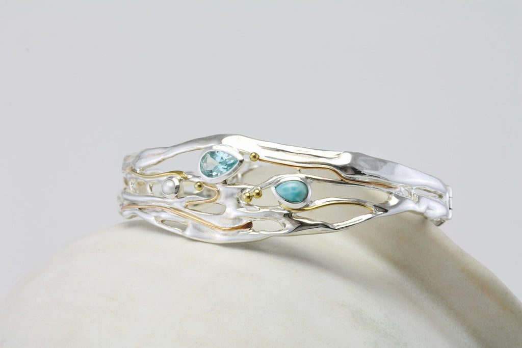 Banyan Larimar, Blue Topaz and Freshwater Pearl Statement Bracelet the secret garden UK