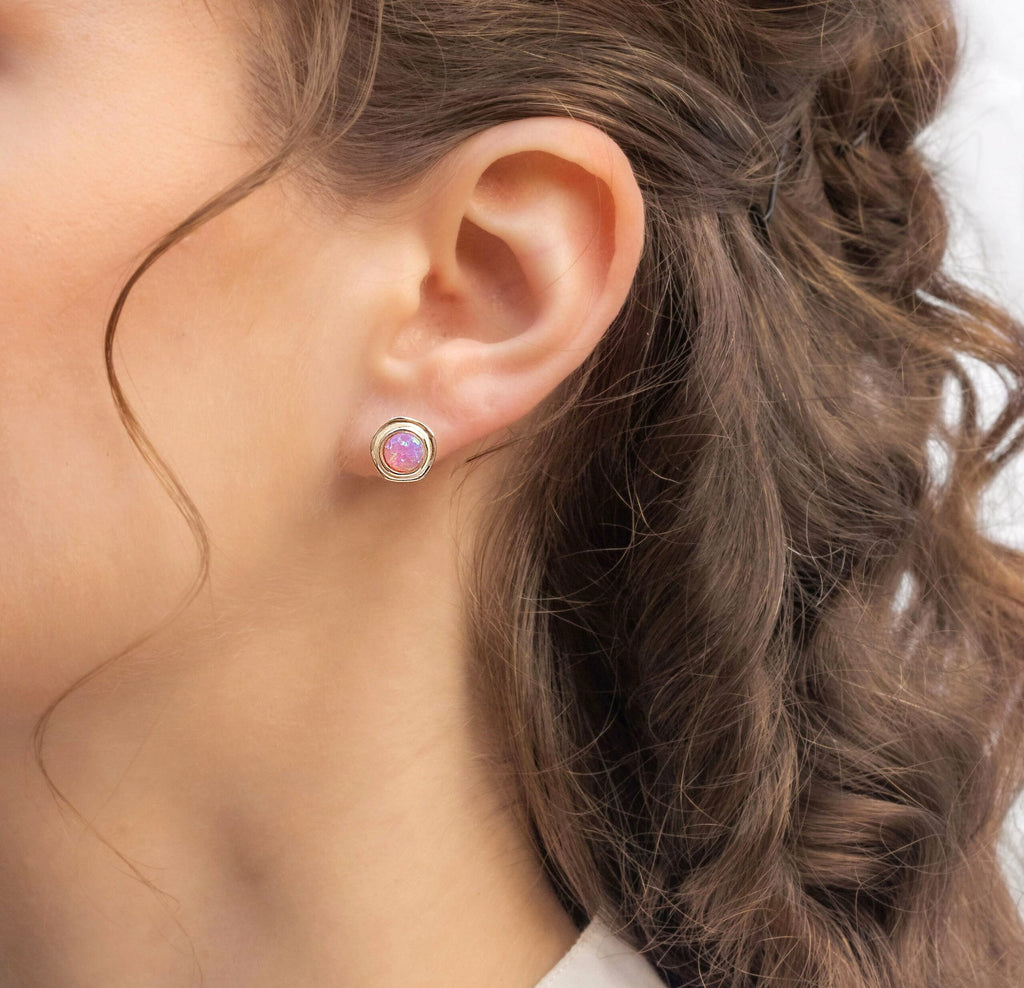 Banyan Waved Oxidized Silver Stud Earrings with Hints of Pink Opal the secret garden UK