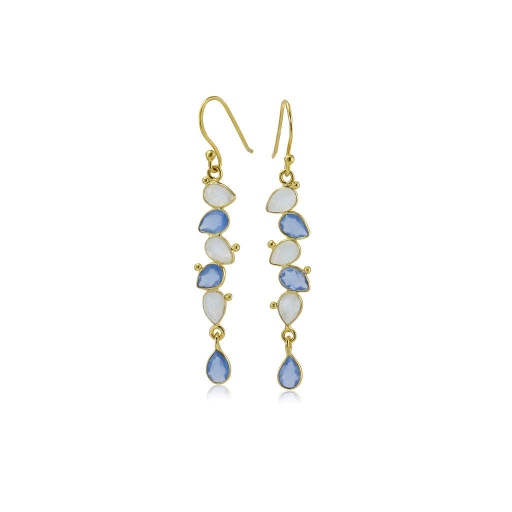 Banyan Teardrops Rainbow Moonstone and Blue Chalcedony Gold Drop Earrings the secret garden UK