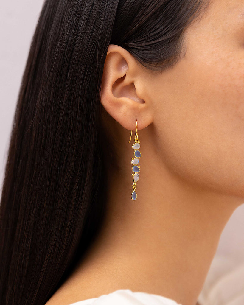 Banyan Teardrops Rainbow Moonstone and Blue Chalcedony Gold Drop Earrings the secret garden UK