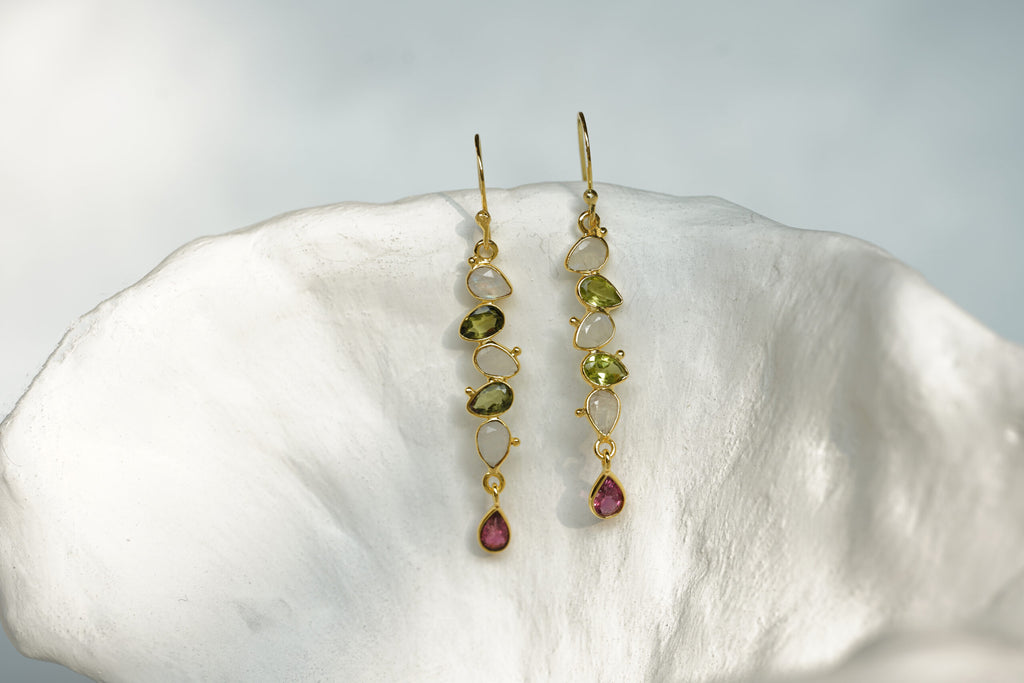 Banyan Peridot, Rainbow Moonstone and Pink Tourmaline Gold Drop Earrings the secret garden UK