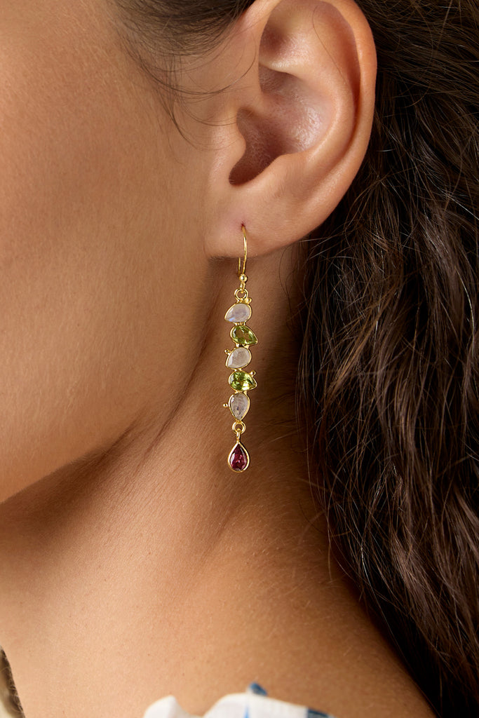 Banyan Peridot, Rainbow Moonstone and Pink Tourmaline Gold Drop Earrings the secret garden UK