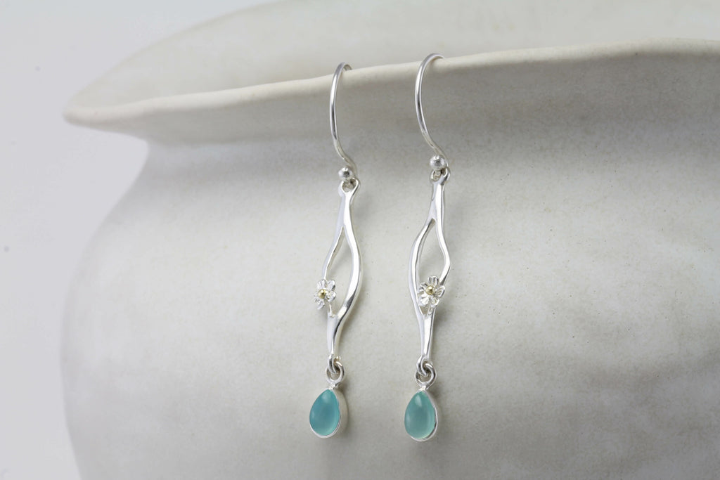 Banyan Dart Flower Earrings with Aqua Chalcedony the secret garden UK