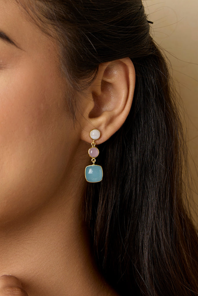 Banyan Moonstone, Rose and Aqua Chalcedony Drop Earrings the secret garden UK