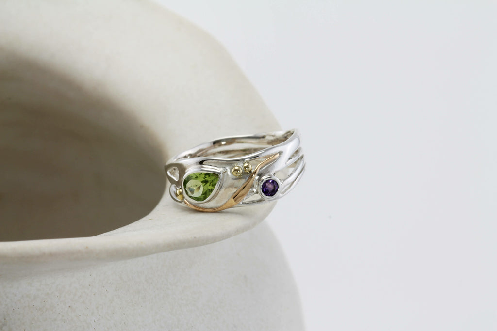 Banyan Sterling Silver Peridot and Amethyst Ring the secret garden UK