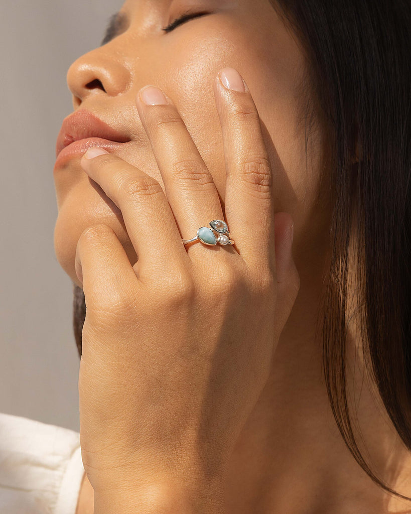 Banyan Larimar, Blue Topaz and Freshwater Pearl Trio Ring the secret garden UK