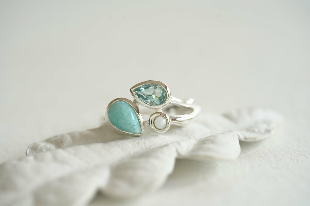 Banyan Larimar, Blue Topaz and Freshwater Pearl Trio Ring the secret garden UK