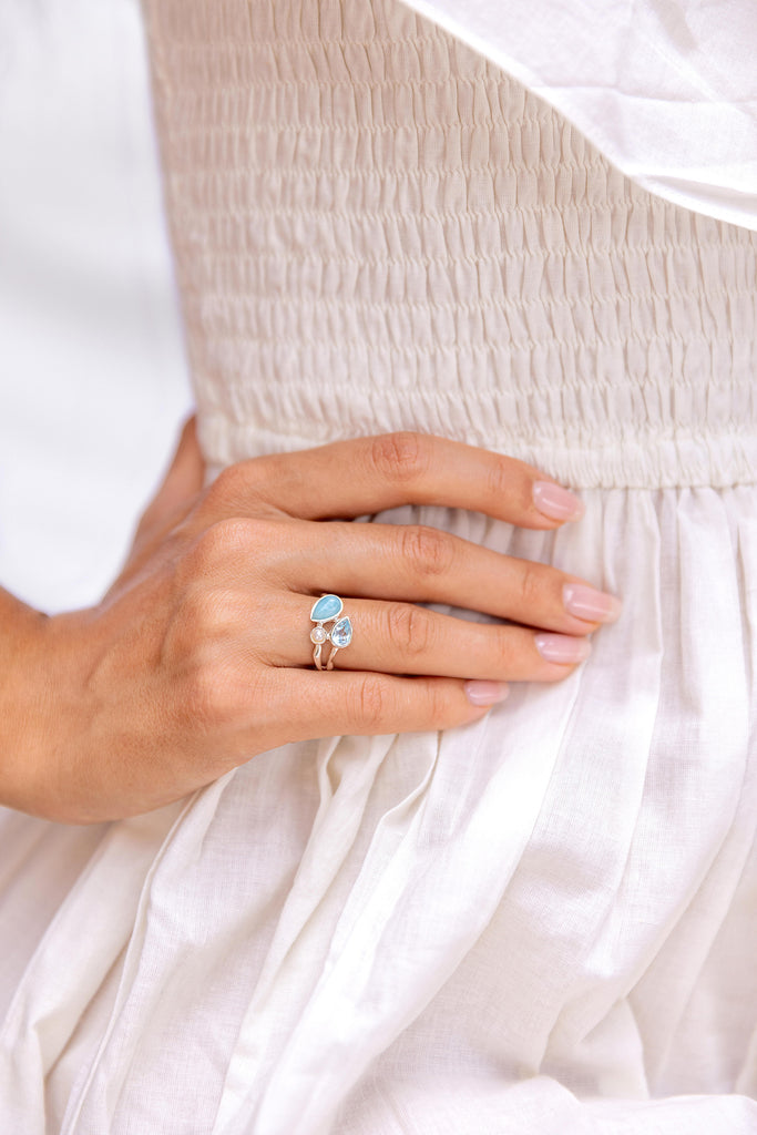 Banyan Larimar, Blue Topaz and Freshwater Pearl Trio Ring the secret garden UK