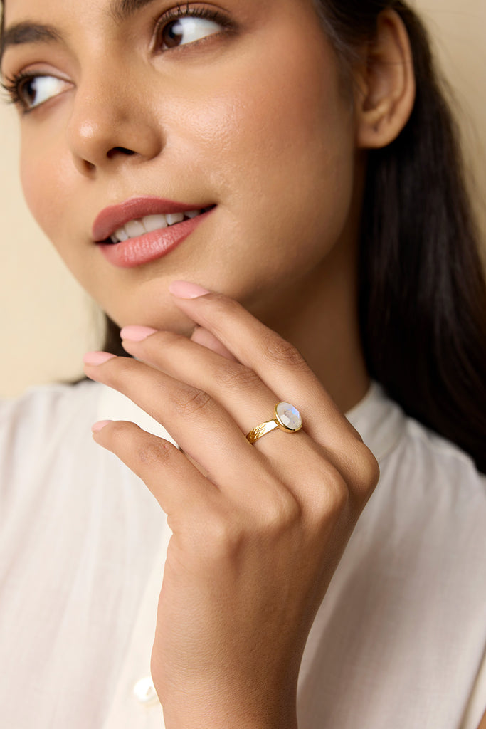 Banyan Rainbow Moonstone Gold Ring the secret garden UK