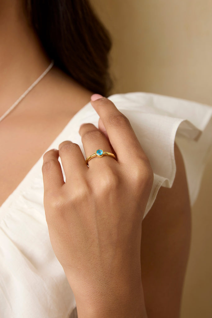 Banyan Dainty Blue Apatite Gold Ring the secret garden UK