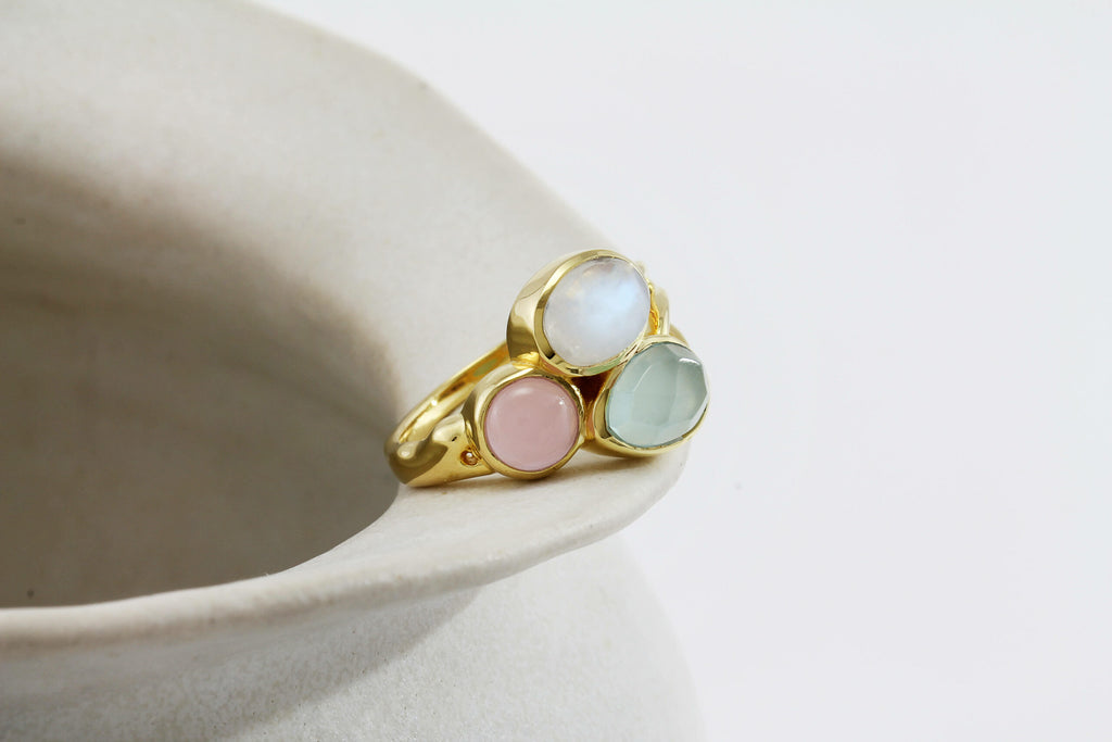 Banyan Moonstone, Rose and Aqua Chalcedony Gold Ring the secret garden UK