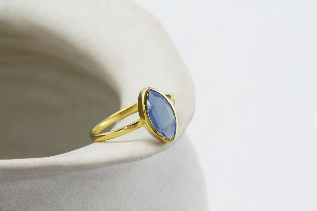 Banyan Deep Blue Chalcedony Gold Ring the secret garden UK