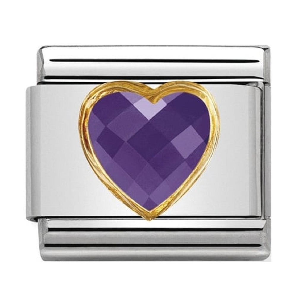 Nomination Link 18ct Gold Multifaceted CZ Heart Violet