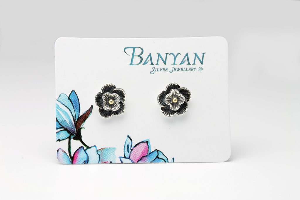 Banyan Oxidised Silver Flower Stud Earrings the secret garden UK