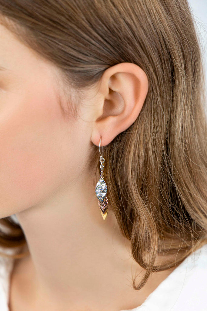 Banyan Three Silver Leaf Earring with Plated Tones in Rose and Yellow Gold the secret garden UK