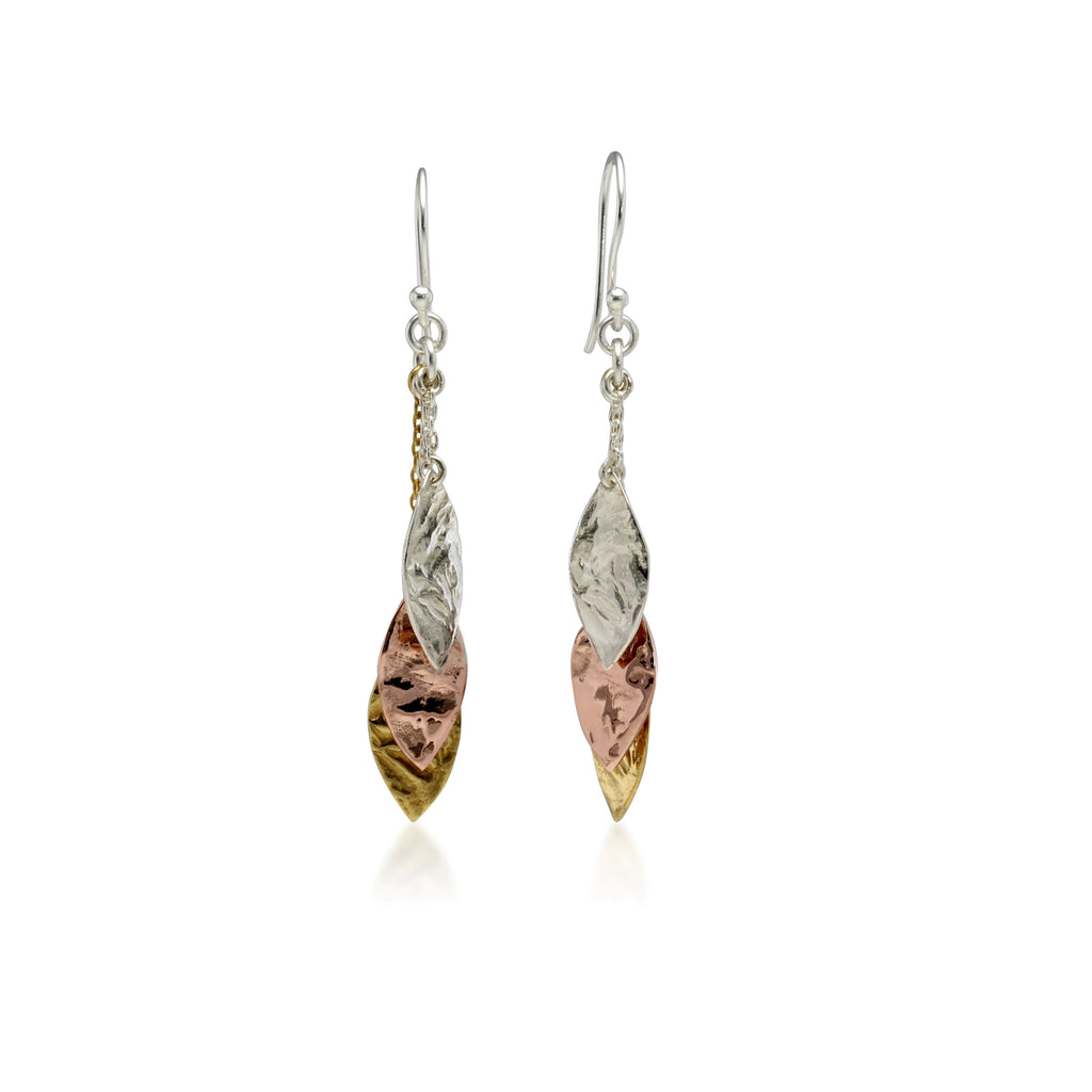 Banyan Three Silver Leaf Earring with Plated Tones in Rose and Yellow Gold the secret garden UK