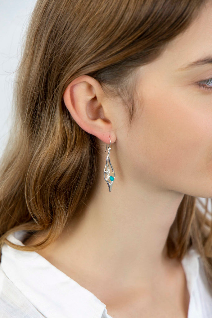 Banyan Molten Silver Drop Earrings with Turquoise and Pearl the secret garden UK