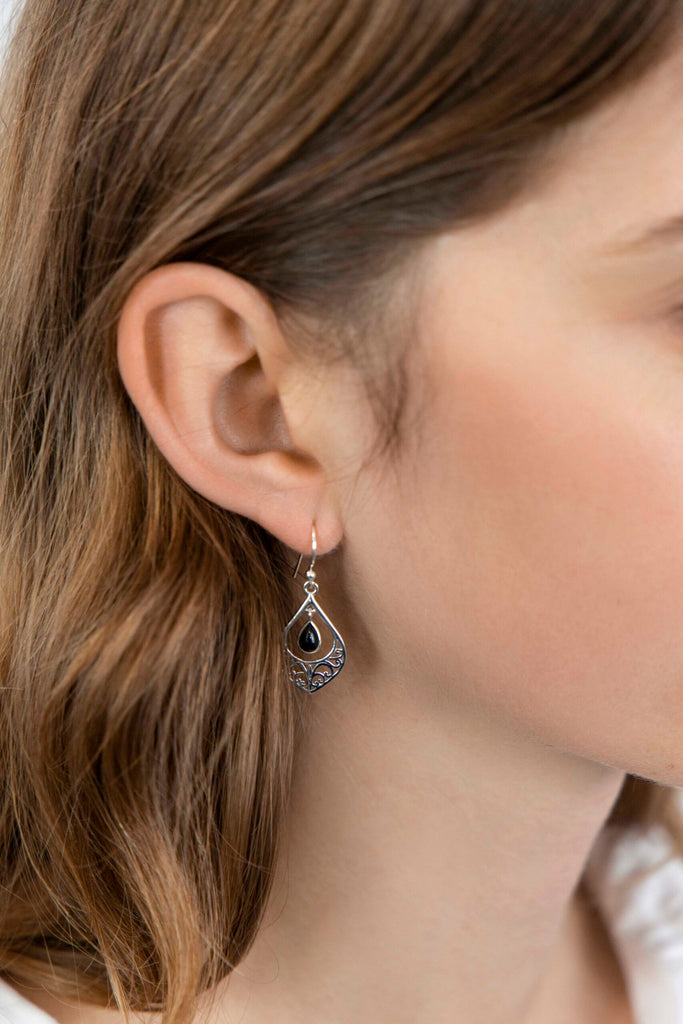 Banyan Silver Teardrop and Black Onyx Earrings the secret garden UK