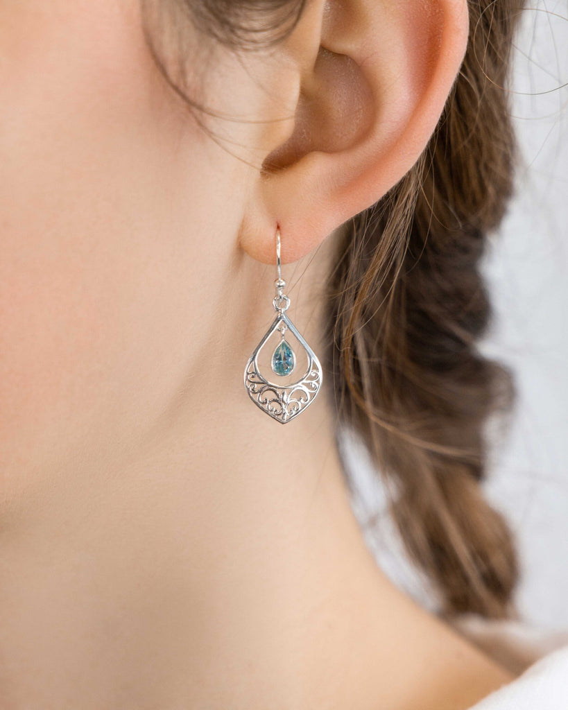 Banyan Sterling Silver Filigree Earring with Blue Topaz the secret garden UK