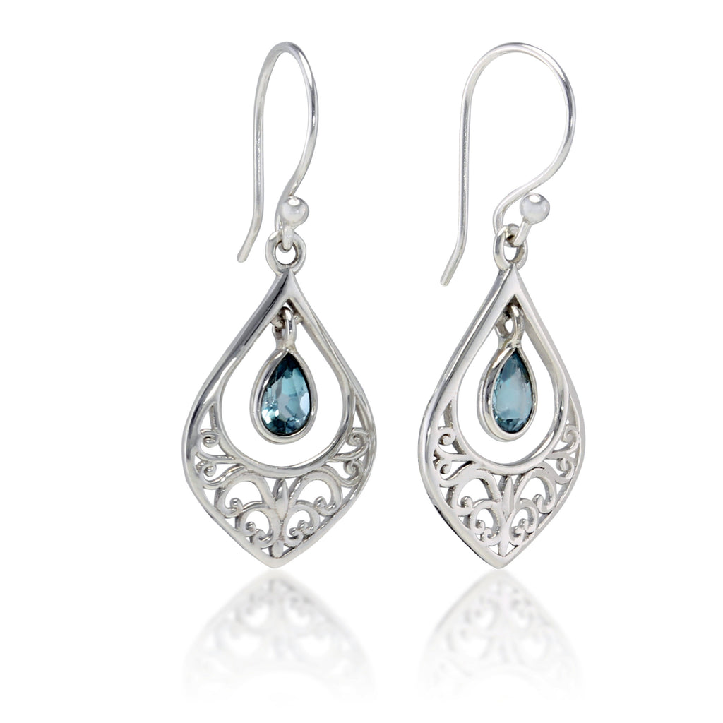 Banyan Sterling Silver Filigree Earring with Blue Topaz the secret garden UK