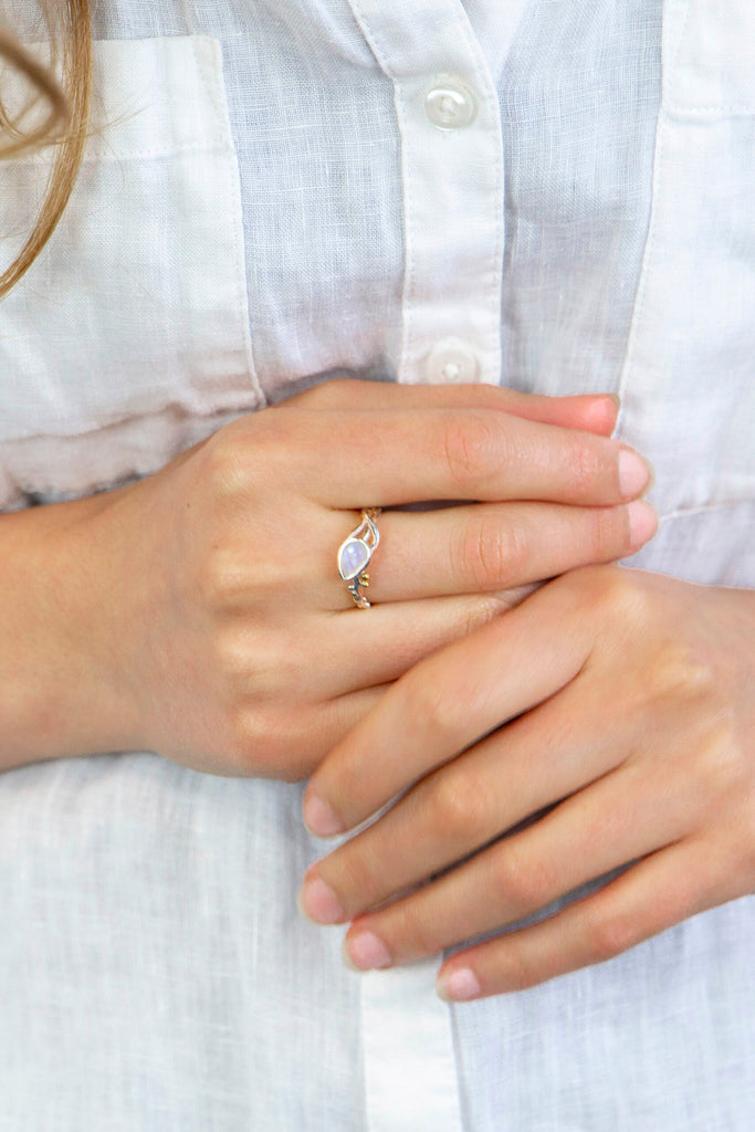 Banyan Teardrop Rainbow Moonstone Ring the secret garden UK